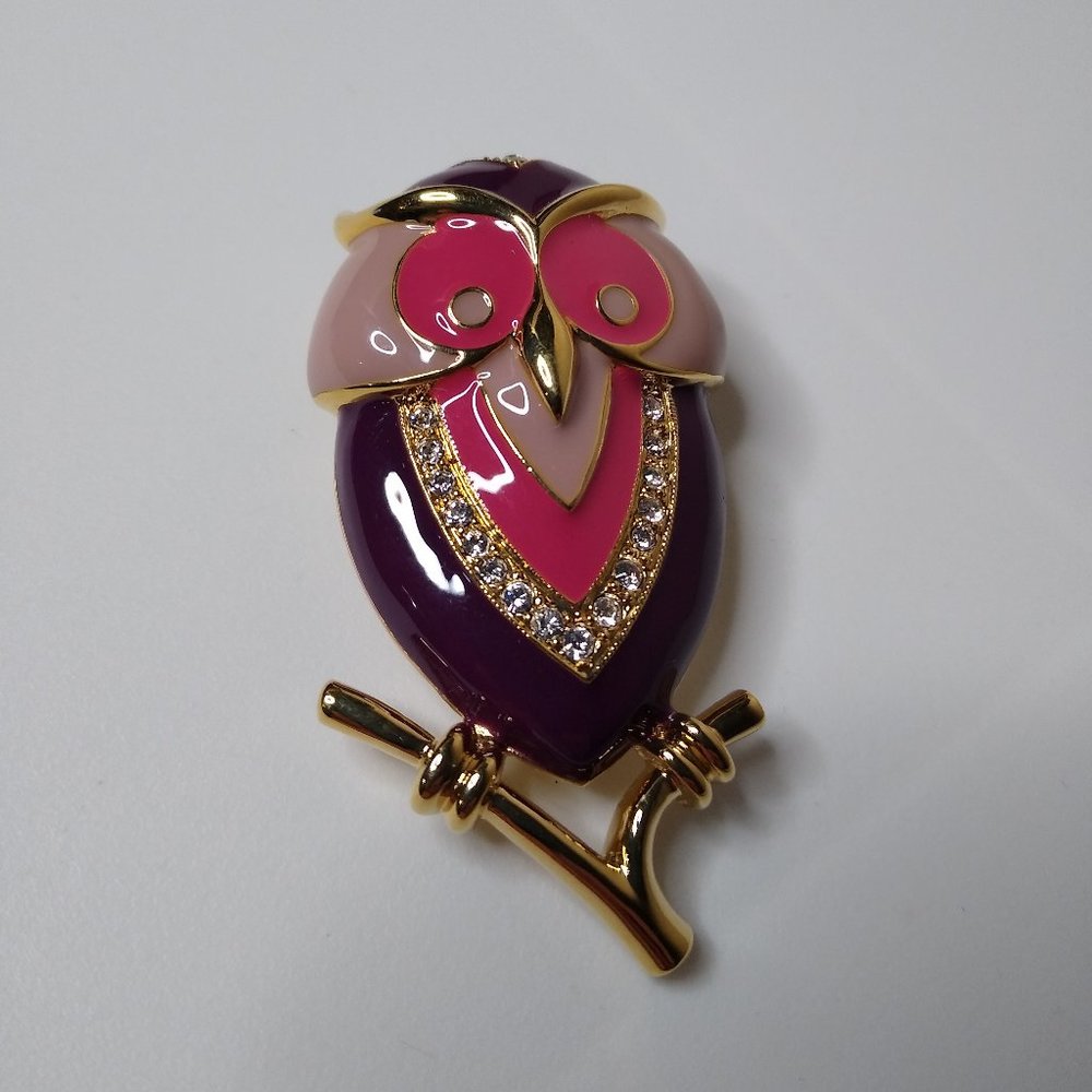 Pink And Purple Decorative Metal And Enamel Owl Brooch